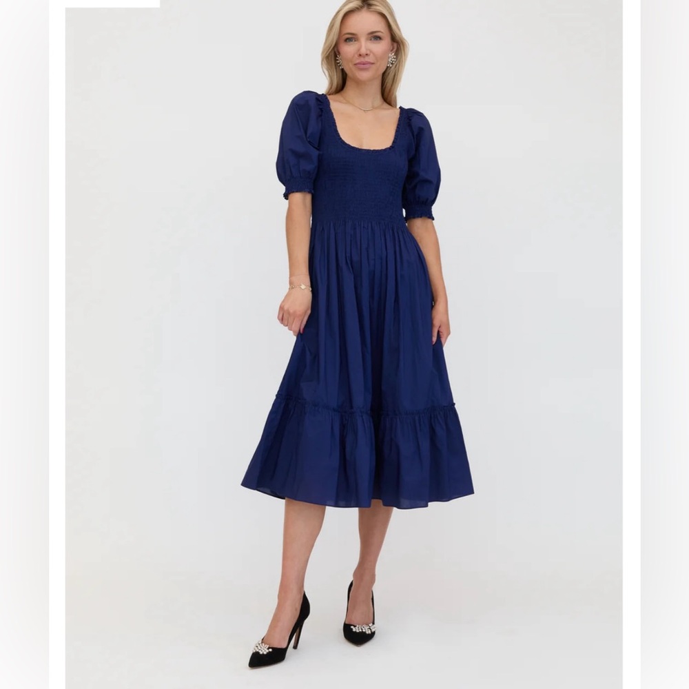 Hill House navy blue puff-sleeve midi dress